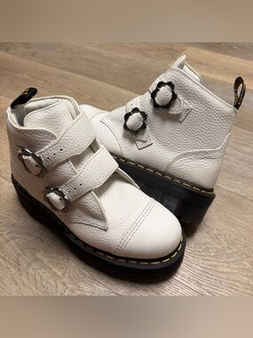 Dr. Martens Devon Flower Buckle Leather Platform Boots White - Women's Size 9